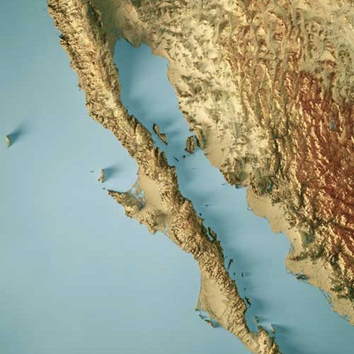 3D Render of a Topographic Map of Baja California. 
All source data is in the public domain.
Color texture: Made with Natural Earth.
http://www.naturalearthdata.com/downloads/10m-raster-data/10m-cross-blend-hypso/
Water texture: SRTM Water Body SWDB: https://dds.cr.usgs.gov/srtm/version2_1/SWBD/
Relief texture: SRTM data courtesy of NASA JPL (2020). URL of source image:
https://e4ftl01.cr.usgs.gov//DP133/SRTM/SRTMGL3.003/2000.02.11